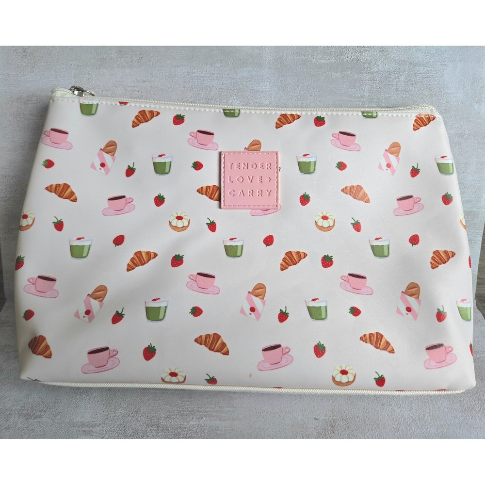 Tender Love + Carry Cafe Print Makeup Bag Cream Pastry Croissant Travel Pouch